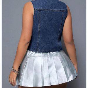 Women's Plus Size Sleeveless Button Down Jean Vest V Neck Denim Jacket
