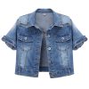 Women's Summer Short Sleeve Crop Denim Trucker Jacket Jean Coat Tops