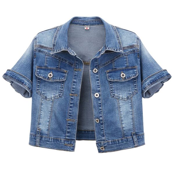 Women's Summer Short Sleeve Crop Denim Trucker Jacket Jean Coat Tops