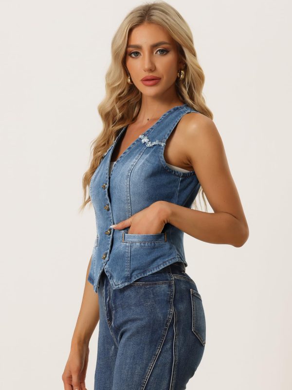 Denim Vest for Women's Sleeveless V Neck Washed Distressed Jean Jacket