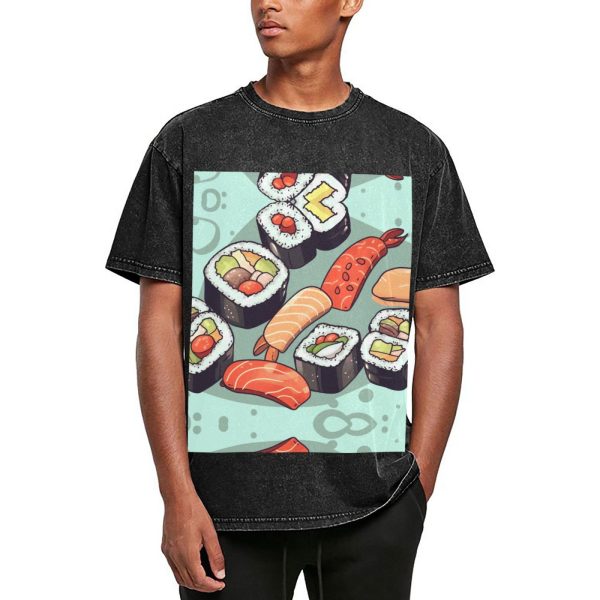 Oversized Tshirts for Men Vintage Cotton T-Shirts Sushi Short Sleeve Tees Loose Fit Tees Shirts