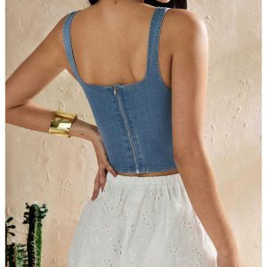 Women's Square Neck Sleeveless Corset Denim Top Zip Back Asymmetrical Hem Tank Top