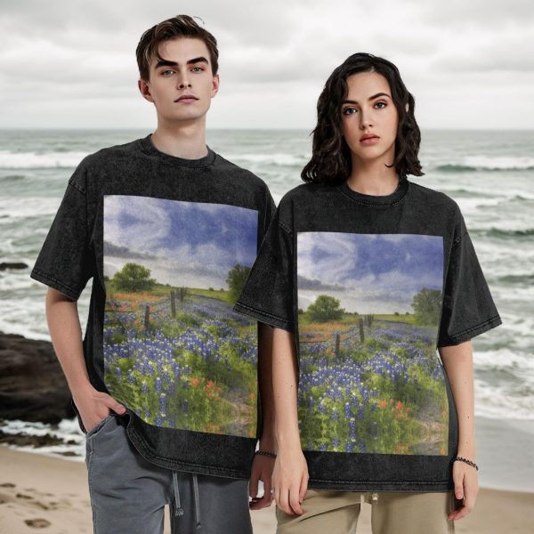 Oversized Tshirts for Men Vintage Cotton T-Shirts Texas Bluebonnets Scenery Short Sleeve Tees Loose Fit Tees Shirts