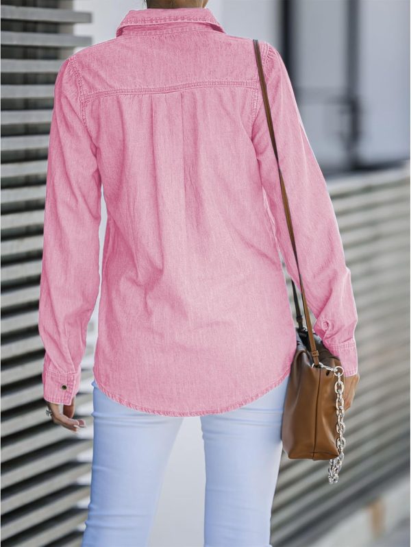 Denim Shirt Women Button Down Long Sleeve Chambray Western Jean Shirts Collared Casual Denim Tops