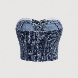 Women's Plus Size Button Down Denim Tube Top Shirred Strapless Jean Tops