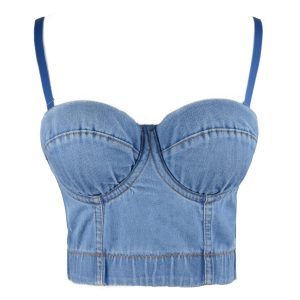 Women's Denim Bustier Crop Top Jean Corset Top Bra with Detachable Straps