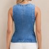 Women Denim Vest Sleeveless Crewneck Button Down Jean Waistcoat Casual Front Slit Slim Denim Tank Top