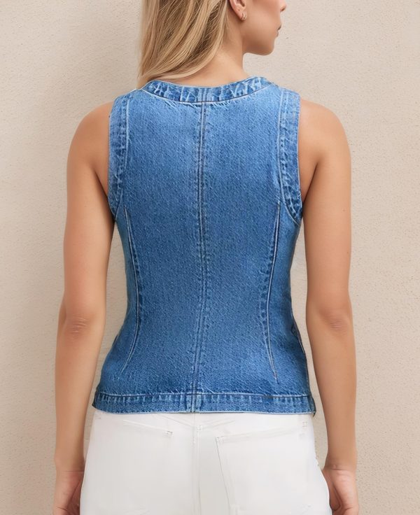 Women Denim Vest Sleeveless Crewneck Button Down Jean Waistcoat Casual Front Slit Slim Denim Tank Top