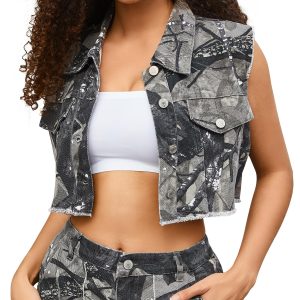 Women's Cropped Jacket, Camo Casual Distressed Denim Vest Sleeveless Crop Top Jean Jacket for Lady