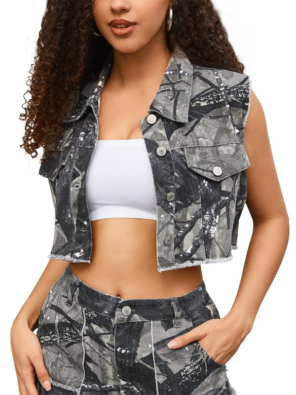 Women's Cropped Jacket, Camo Casual Distressed Denim Vest Sleeveless Crop Top Jean Jacket for Lady