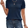Womens Summer Tops Dressy Casual Crewneck Short Sleeve Shirts Solid Hollow Out Knit Loose Sweater Blouses