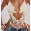 Women's Crochet Halter Top Tie Open Back Metal Ring Draped Front Y2k Rave Festival Tops