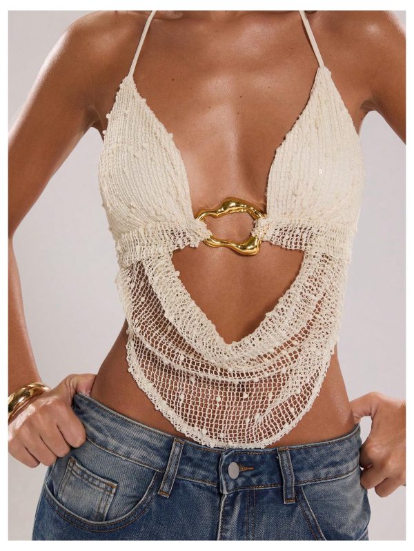 Women's Crochet Halter Top Tie Open Back Metal Ring Draped Front Y2k Rave Festival Tops