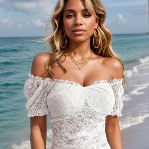 Lace Tops for Women Off Shoulder Going Out Tops Sexy Sheer Mesh Puff Short Sleeve Summer Crop Floral Corset Top