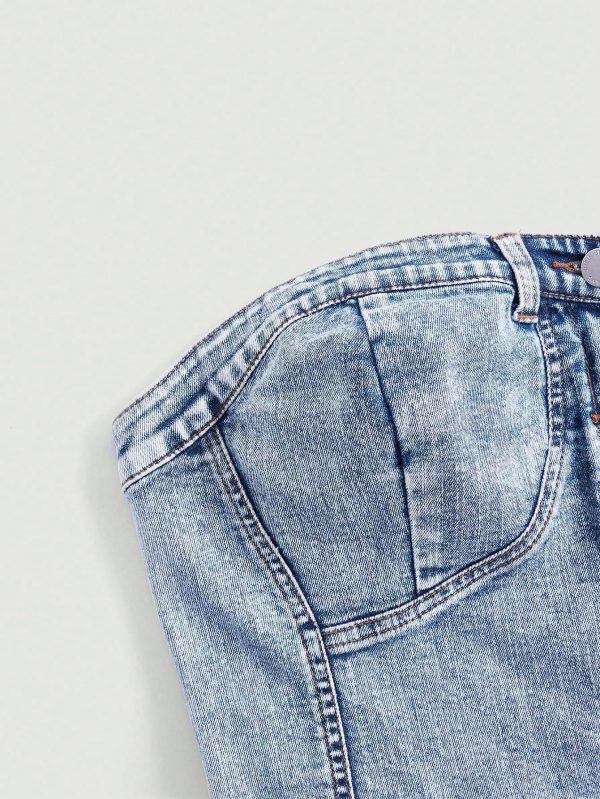 Women's Plus Size Button Down Denim Tube Top Shirred Strapless Jean Tops