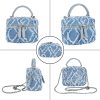 Women Denim Mini Bucket Shoulder Crossbody Bag Drawstring Quilted Distressed Tassel Barrel Shape Satchel Purse