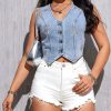 Women's Sleeveless Denim Vest Top Star Rhinestone Button Down Waistcoat