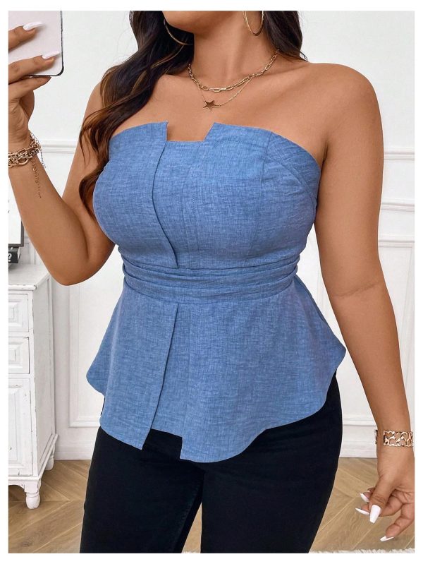 Women's Plus Size Sleeveless Strapless Bandeau Ruffle Hem Denim Tube Tops