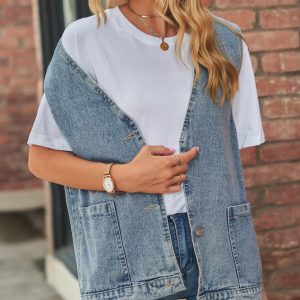 Women's Casual Denim Jean Vest Oversized Sleeveless Mid Long Button Down Jeans Jackets Vests Tops Waistcoat ﻿