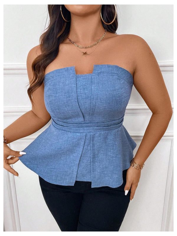 Women's Plus Size Sleeveless Strapless Bandeau Ruffle Hem Denim Tube Tops