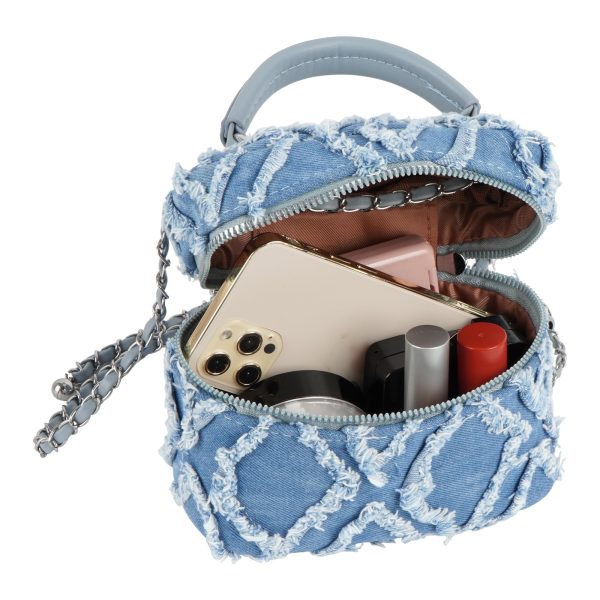 Women Denim Mini Bucket Shoulder Crossbody Bag Drawstring Quilted Distressed Tassel Barrel Shape Satchel Purse