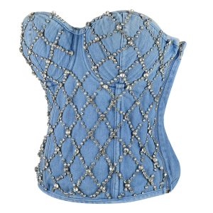 Women's Denim Rhinestone Corset Top Sexy Club Party Jean Bodysuit