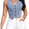 Women's Sleeveless Denim Vest Top Star Rhinestone Button Down Waistcoat