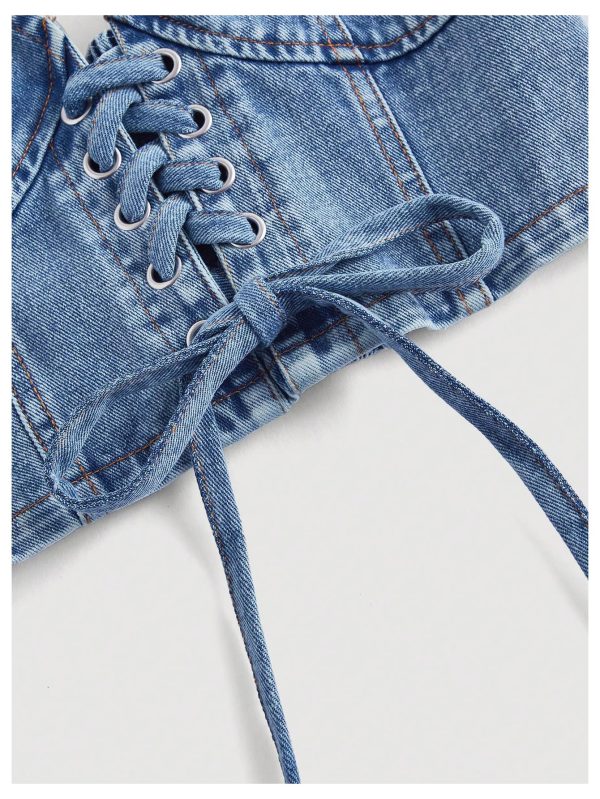 Women's Denim Top Lace Up Sleeveless Halter V Neck Backless Y2K Denim Crop Top Vest