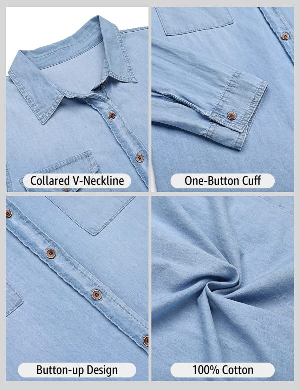 Denim Shirt Women Chambray Jean Western Shirts Long Sleeve Button Down Tops