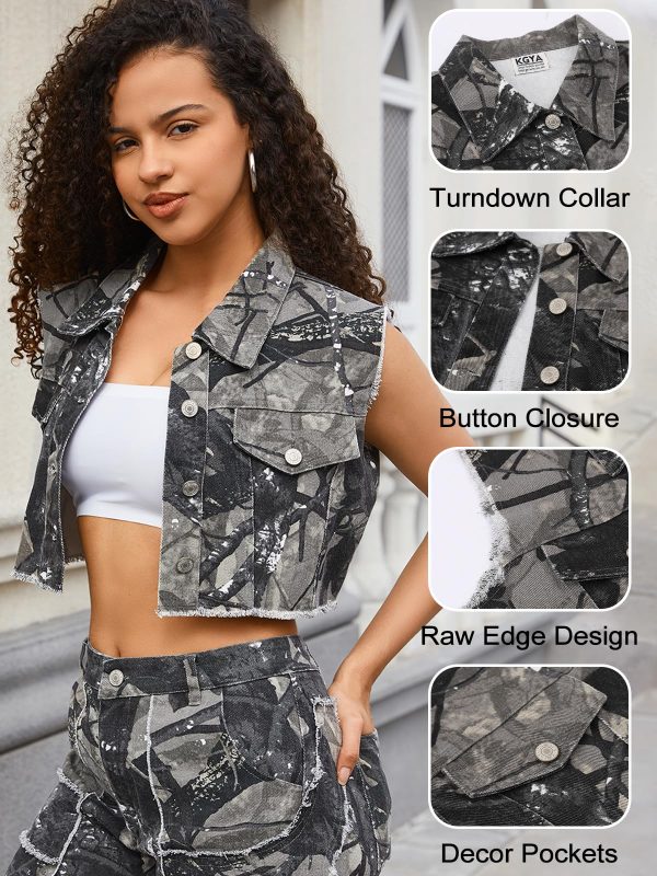 Women's Cropped Jacket, Camo Casual Distressed Denim Vest Sleeveless Crop Top Jean Jacket for Lady