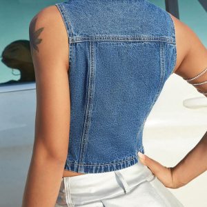 Women's Sleeveless Button Front V Neck Sleeveless Asymmetrical Denim Vest Top