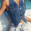 Women's Sleeveless Button Front V Neck Sleeveless Asymmetrical Denim Vest Top