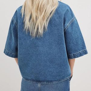 Womens Oversized Short Sleeve Denim Jackets Trendy Cropped Jean Tops Shackets