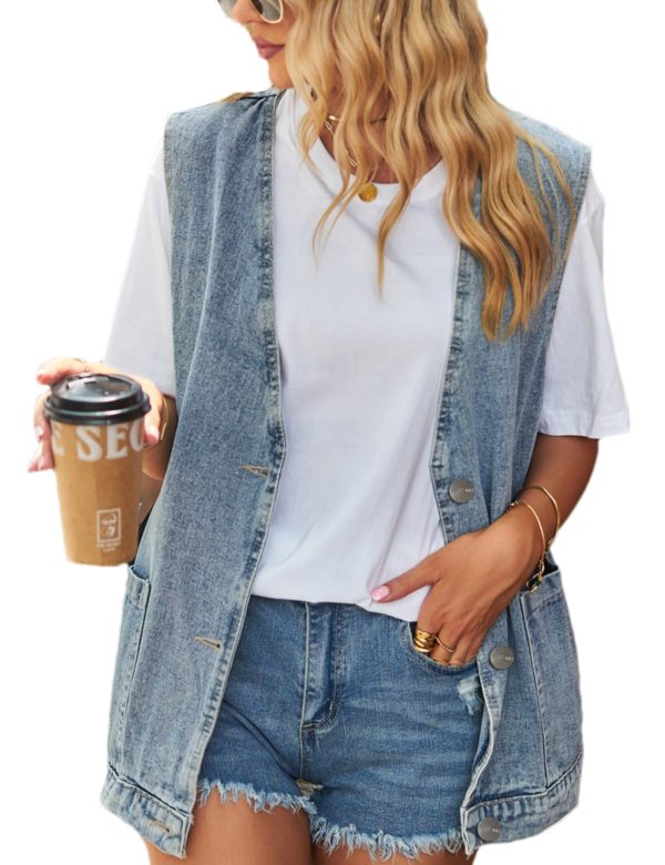 Women's Casual Denim Jean Vest Oversized Sleeveless Mid Long Button Down Jeans Jackets Vests Tops Waistcoat ﻿
