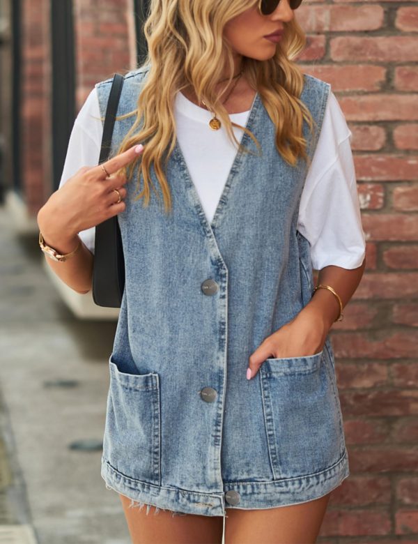 Women's Casual Denim Jean Vest Oversized Sleeveless Mid Long Button Down Jeans Jackets Vests Tops Waistcoat ﻿