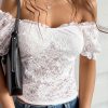 Lace Tops for Women Off Shoulder Going Out Tops Sexy Sheer Mesh Puff Short Sleeve Summer Crop Floral Corset Top