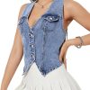 Women's Denim Vest Sleeveless Jean Vest Crop Denim Tank Top Flap Pocket Button Front Y2K Vest 2025