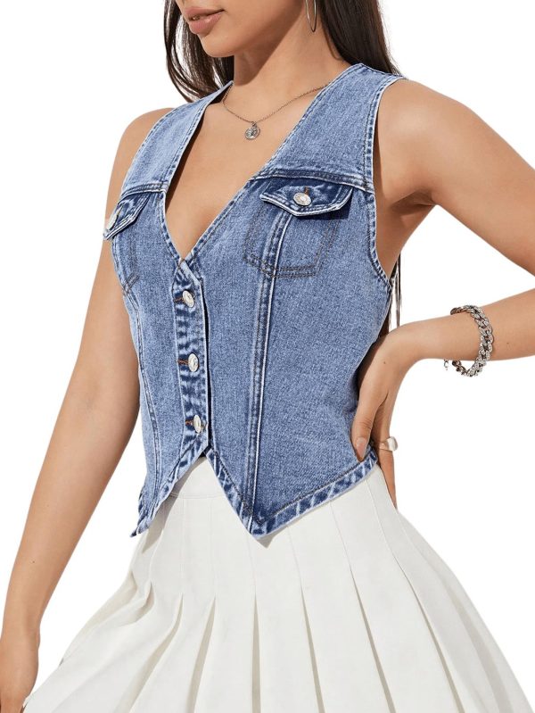 Women's Denim Vest Sleeveless Jean Vest Crop Denim Tank Top Flap Pocket Button Front Y2K Vest 2025