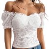 Lace Tops for Women Off Shoulder Going Out Tops Sexy Sheer Mesh Puff Short Sleeve Summer Crop Floral Corset Top