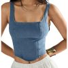 Women's Square Neck Sleeveless Corset Denim Top Zip Back Asymmetrical Hem Tank Top