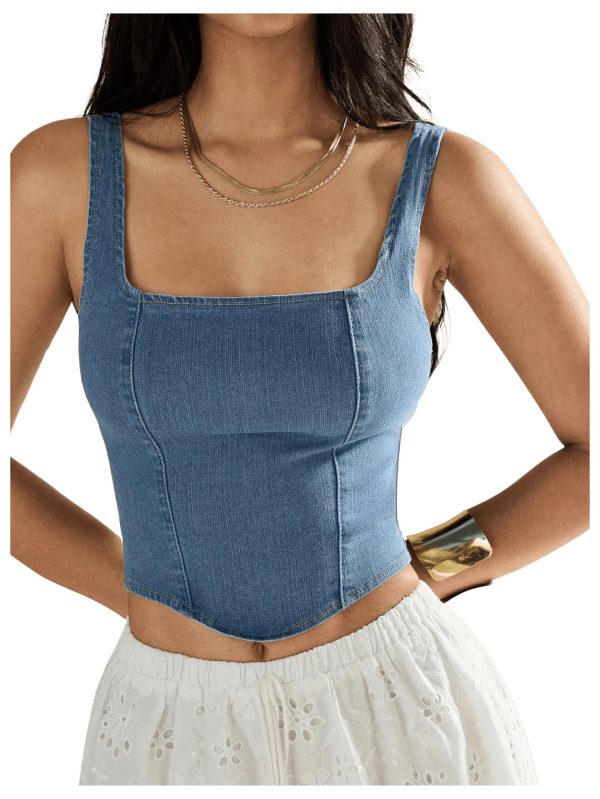 Women's Square Neck Sleeveless Corset Denim Top Zip Back Asymmetrical Hem Tank Top