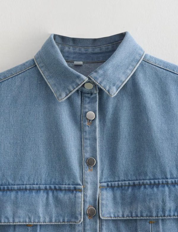 Womens Cropped Button Down Shirt Summer Collared Sleeveless Loose Denim Top with Pockets