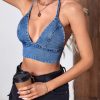 Women's Tie Back Crop Tops Halter Backless Denim Cami Deep V Neck Tops