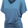 Women's Casual Solid Short Sleeve Boat Neck/V Neck Dolman Top T Shirt with Side Shirring