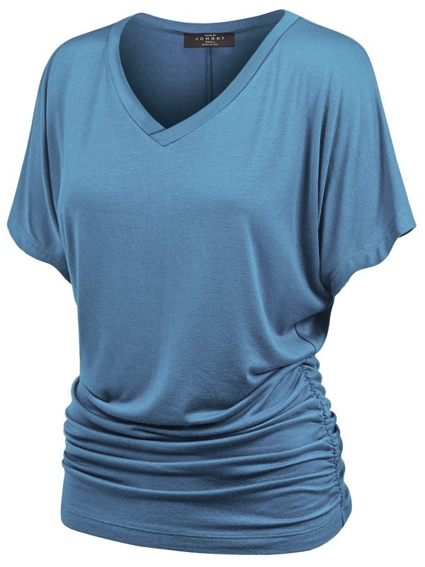 Women's Casual Solid Short Sleeve Boat Neck/V Neck Dolman Top T Shirt with Side Shirring