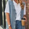 Women's Casual Denim Jean Vest Oversized Sleeveless Mid Long Button Down Jeans Jackets Vests Tops Waistcoat ﻿
