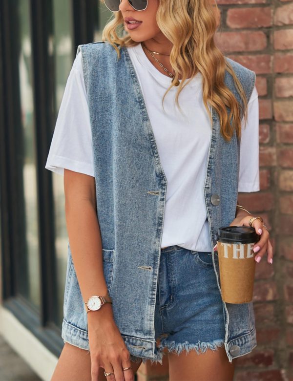 Women's Casual Denim Jean Vest Oversized Sleeveless Mid Long Button Down Jeans Jackets Vests Tops Waistcoat ﻿