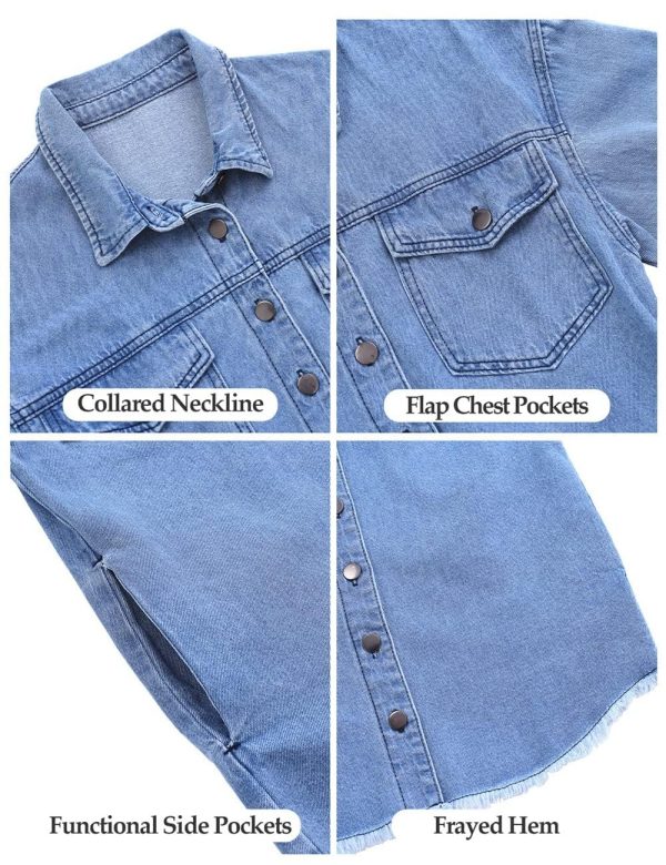 Women’s Oversized Button Up Frayed Hem Shacket Long Sleeve Pockets Denim Jean Jacket