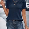 Womens Summer Tops Dressy Casual Crewneck Short Sleeve Shirts Solid Hollow Out Knit Loose Sweater Blouses