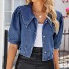 Womens Casual Jacket Cute Short Puff Sleeves Button Down Cropped Jean Denim Jacket Trucker Coat Shirt Top